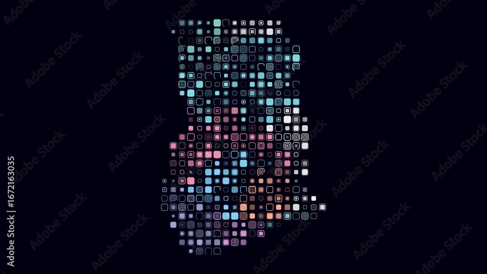 Poster ghana map animation. shape of the country with pulsating colored dots. large size rounded square blo