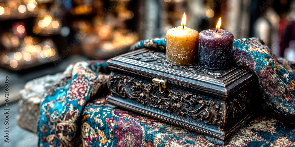 Poster a wooden box with two candles inside of it. the box is on a table with a colorful cloth underneath i