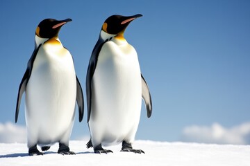 Fototapeta premium Majestic Penguin Duo: A pair of regal penguins stand poised, their sleek black and white plumage contrasting against a crisp blue sky, showcasing the raw beauty of nature.