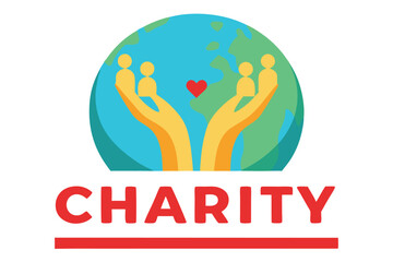 Charity Logo with Hands Holding Globe and Heart Symbol vector illustration