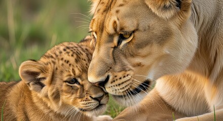 Tender moment between lioness and cub in the wild