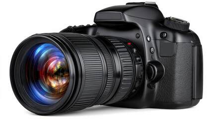 Fototapeta premium Isolated Black DSLR Camera with Vibrant Cosmic Lens Showcasing Modern Technology and Design
