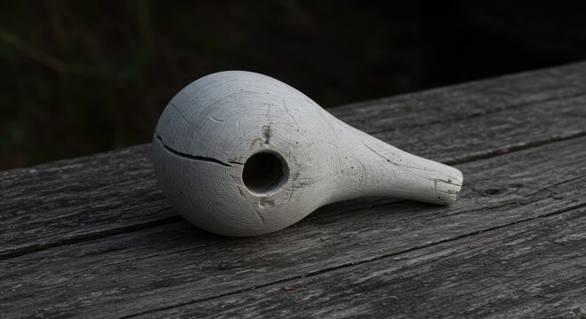 Weathered Wooden Bird Whistle with Circular Opening on Textured Surface