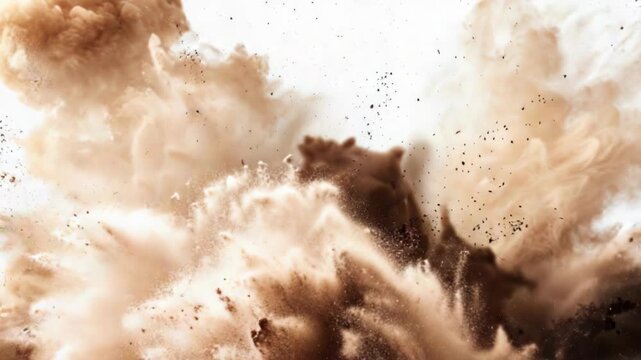 A massive cloud of dirt and debris exploding on a clean white surface