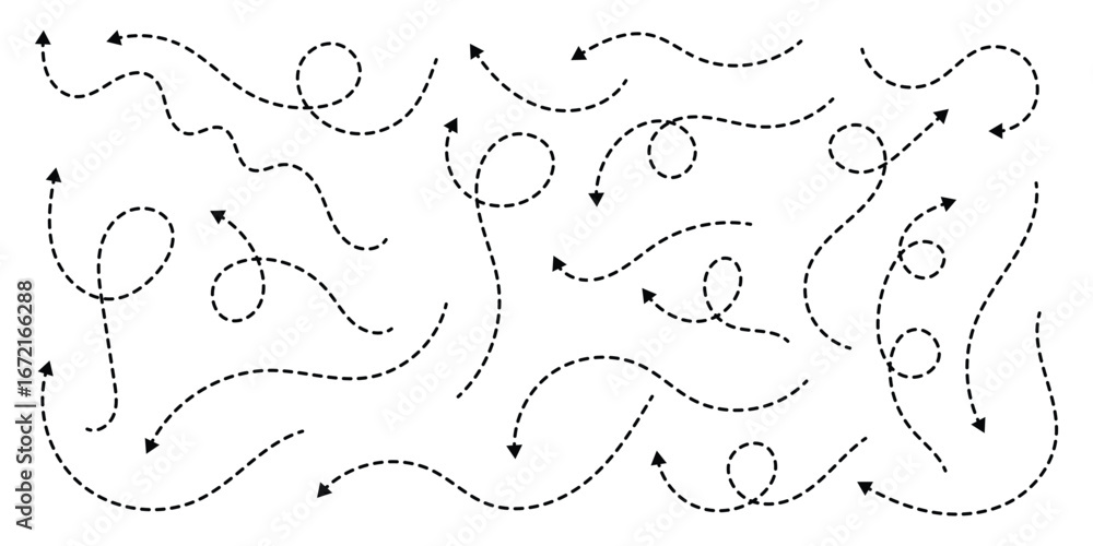 Poster dashed arrow set. vector doodle dot line. dotted hand drawn arrow. doodle arrows of various shapes a