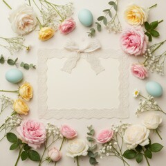 A delicate Easter arrangement featuring pastel roses baby s breath eucalyptus and eggs surrounding a blank card tied with lace