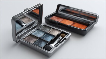 Cosmetic Palettes Featuring Blue, Gray, and Orange Colors with Mirrors and Application Brushes on a White Background.