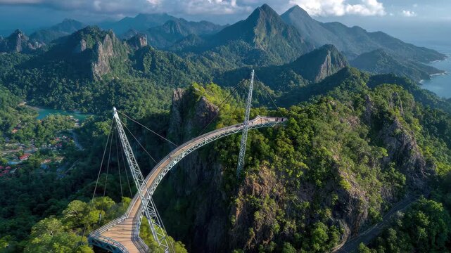 Sky Bridge spanning lush green mountains and ocean, 4k video footage