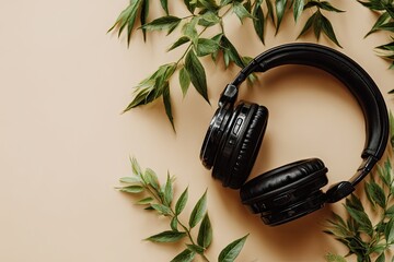 Black headphones arranged with foliage on a beige background.