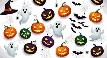 A halloween themed pattern with pumpkins ghosts bats and spider webs art