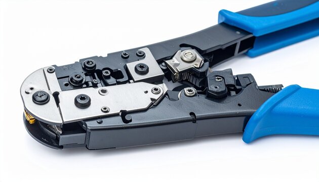 Professional cable crimper with ratchet mechanism interchangeable heads insulated handles and high strength steel body isolated on white background wire termination tool
