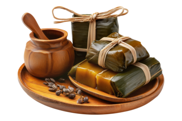Filipino rice cakes wrapped in banana leaves with sugar sauce on wooden plate, Pandanus fruit paste, isolated on white transparent background concept. of tradition Micronesia cuisine