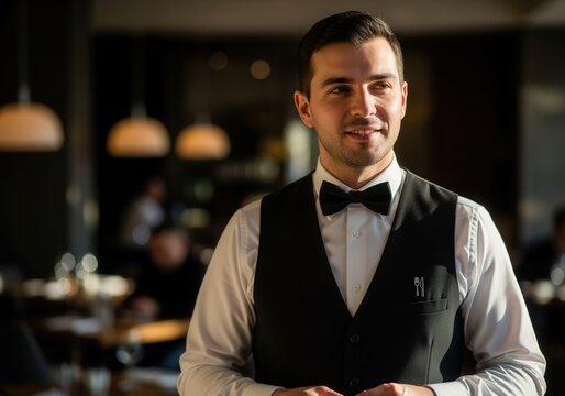 smiling male waiter in black vest and bow tie standing in upscale restaurant, warm evening lighting, professional service