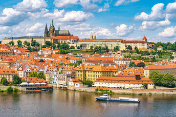 Naklejka premium Panoramic view of Prague's historic Mala Strana district, the Vltava River and Prague Castle.Prague,Czech Republic