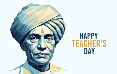 Minimalistic poster- A low-poly geometric portrait of Dr. Sarvepalli Radhakrishnan in his turban, abstract polygon shapes in pastel blues and golds, bold typography “Happy Teacher's Day
