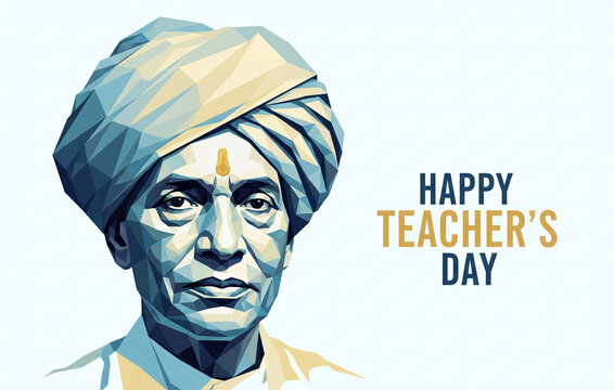 Minimalistic poster- A low-poly geometric portrait of Dr. Sarvepalli Radhakrishnan in his turban, abstract polygon shapes in pastel blues and golds, bold typography &ldquo;Happy Teacher's Day"