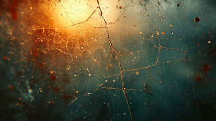 Cracked dirty glass with dust, grime, and backlit sun