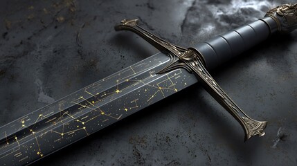 Detailed Close-Up of an Elegant, Ornate Sword with a Celestial Theme, Set Against a Dark Backdrop