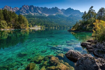 Mountain lake, crystal-clear water, rocky shore, serene