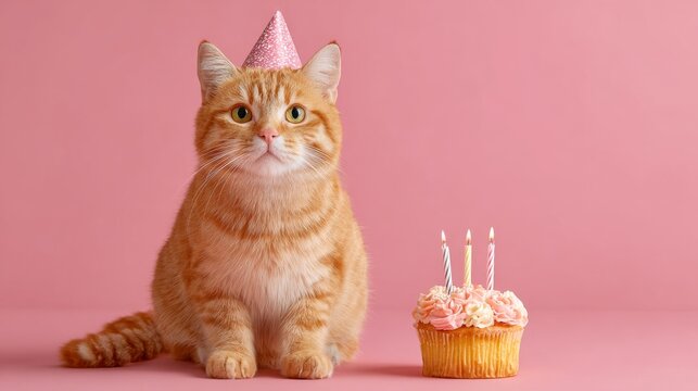 Adorable orange tabby cat wearing colorful party hat sitting beside small birthday cake with burning candles on bright pink background for festive celebration, greeting card, or invitation design