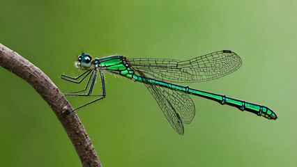 mesmerizing beauty of a green damselfly perched on a twig&mdash;captured in stunning detail with transparent wings, vivid colors, and intricate anatomy. A perfect visual for nature lovers, 32K Revolutions 