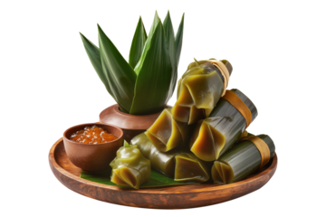 Filipino rice cakes wrapped in banana leaves with sugar sauce on wooden plate, Pandanus fruit paste, isolated on white transparent background concept. of tradition Micronesia cuisine