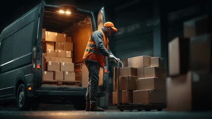 Delivery man loading boxes into van at night, 4k video footage