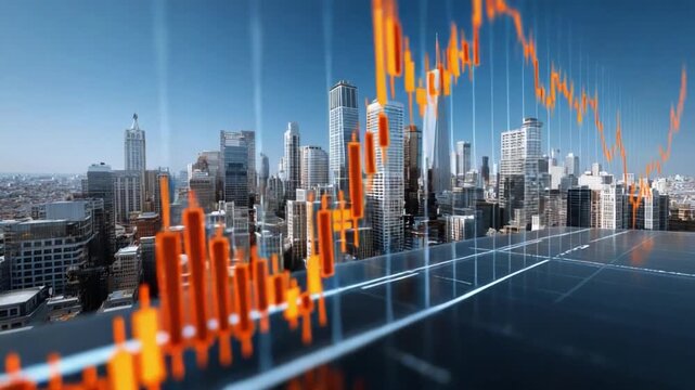 Financial Cityscape: A dynamic visual of financial trends overlayed a stunning city skyline, representing the ebbs and flows of market dynamics. Capturing the pulse of economy 