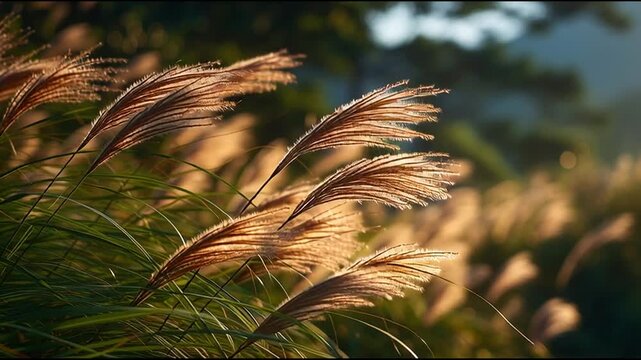 soft, delicate feathery grass swaying gently in a summer breeze, bathed in warm sunlight perfect for nature, serenity, and environmental themes , delicate, wallpaper --bs 1 1 --aspect 91_51_4K_10s