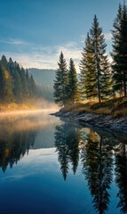 Misty morning lake, tranquil pines