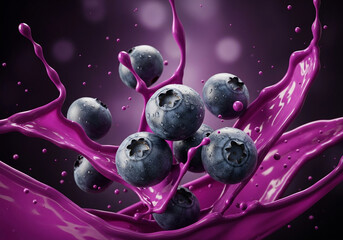 Fresh blueberries hover over a dynamic splash of purple liquid, against a dark purple background