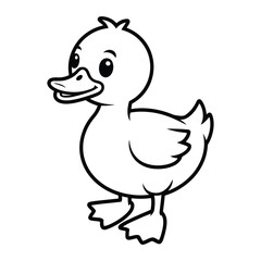 Simple black and white line drawing vector illustration of a cute baby duckling standing and smiling white background