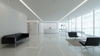 Fototapeta premium Modern minimalist lobby with white glossy floors, black leather sofa, chrome frames, recessed lighting,