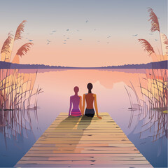 Fototapeta premium two figures sitting in silence on a wooden dock by a tranquil lake