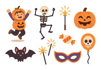 Halloween celebration: child in pumpkin costume and festive illustrations