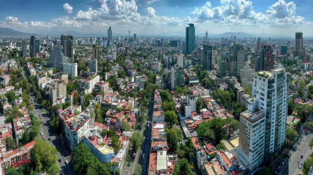 Panoramic view of Mexico City skyline modern highrises and traditional buildings, 4k video footage