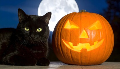 Black Cat with Glowing Jack-O-Lantern on Moonlit Night, Cozy Halloween Still Life for Autumn Decor