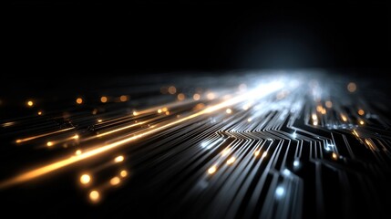 Abstract image of glowing lines forming circuit like pattern on dark background