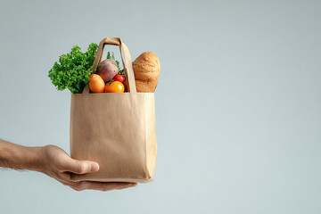 Hand holding a grocery bag filled with fresh, colorful produce items.