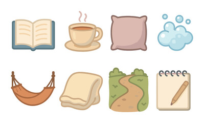Cozy relaxation icons featuring book, coffee, pillow, bubbles, hammock, blanket, path, notebook