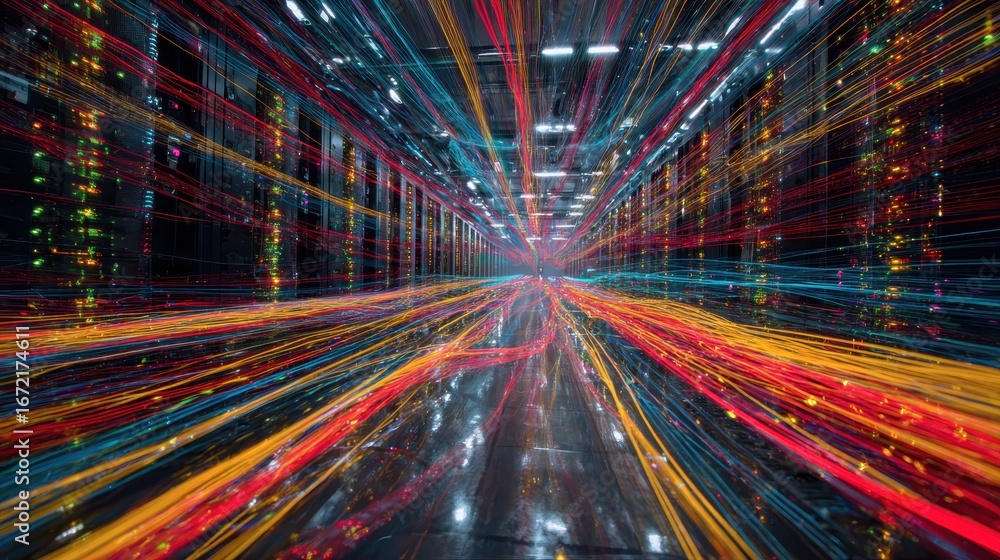 Poster abstract data tunnel - dynamic light trails and futuristic perspective, digital art.