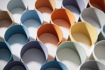 Colorful paper loop art installation with shadows on white background