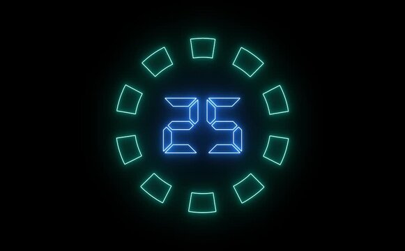 A neon-themed 30-second countdown icon animation with glowing numbers decreasing in real-time. A pulsating circular ring tracks progress, creating a futuristic, high-energy visual effect.
