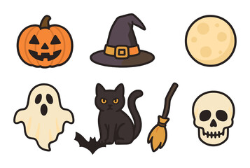 Halloween symbols: pumpkin, witch hat, moon, ghost, black cat, broom, skull
