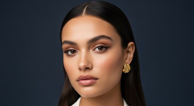 Elegant young hispanic female with sleek hair and gold earrings on dark background