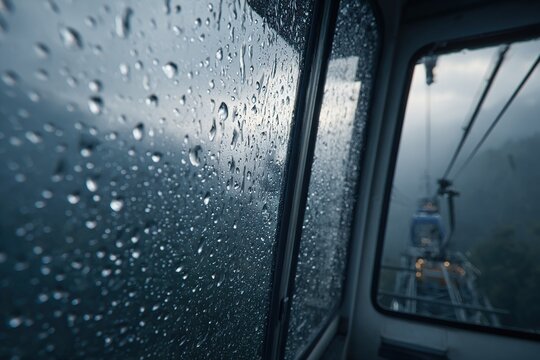 Rainy cable car ride offers misty mountain views through droplet window. - Powered by Adobe