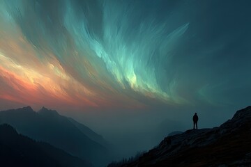A solitary figure stands atop a mountain ridge, gazing at a vibrant, ethereal aurora borealis