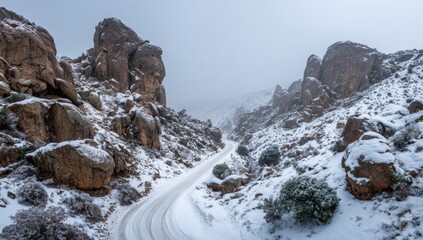 Snowy mountain road winding through a canyon