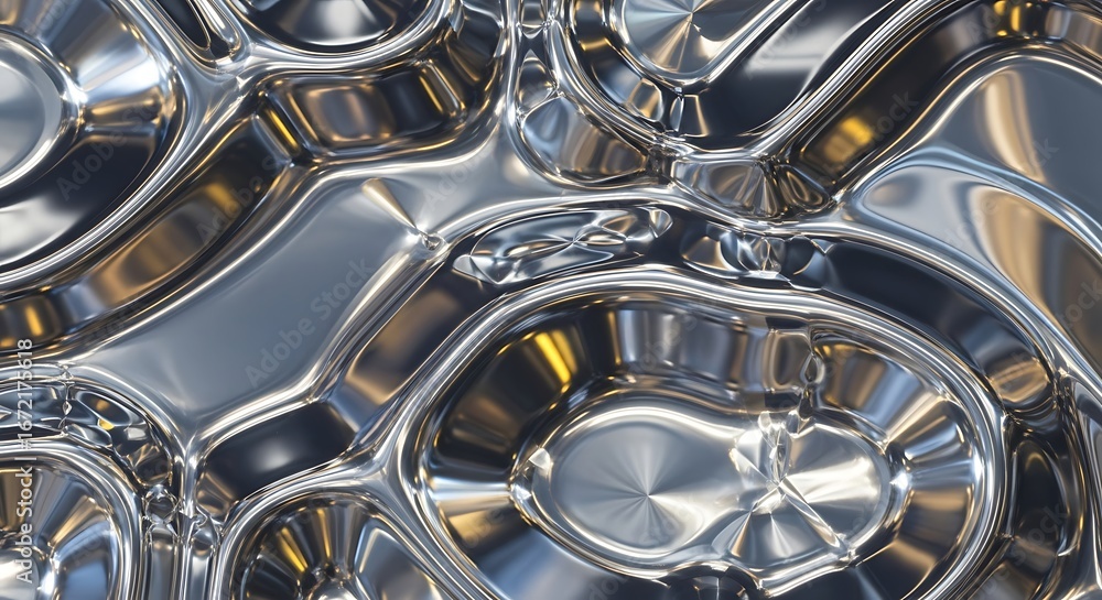 Poster abstract liquid metal texture with flowing shapes and reflective surfaces resulting in a mesmerizing
