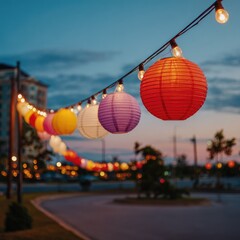 Colorful paper lanterns illuminate a twilight scene, strung along a wire with warm-toned incandescent lights, creating a festive and celebratory ambiance against a blurred cityscape backdrop